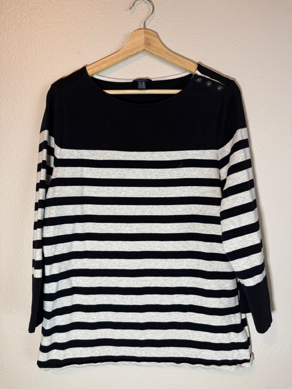 Nautica XL Striped Top Black Gray 3/4 Sleeve Button Shoulder Preppy Coastal